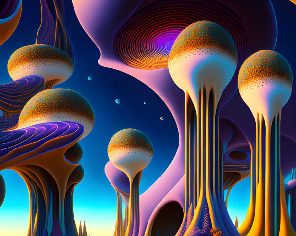 Surreal Landscape with Towering Mushrooms and Orbs