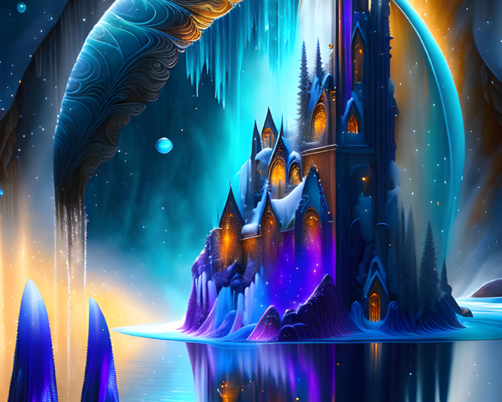 Ice Castle Reflected in Lake with Cosmic Sky