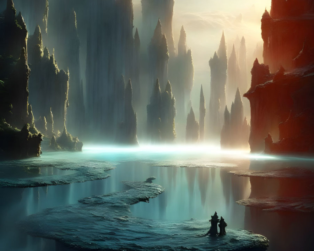 Serene landscape with rock formations and tranquil water