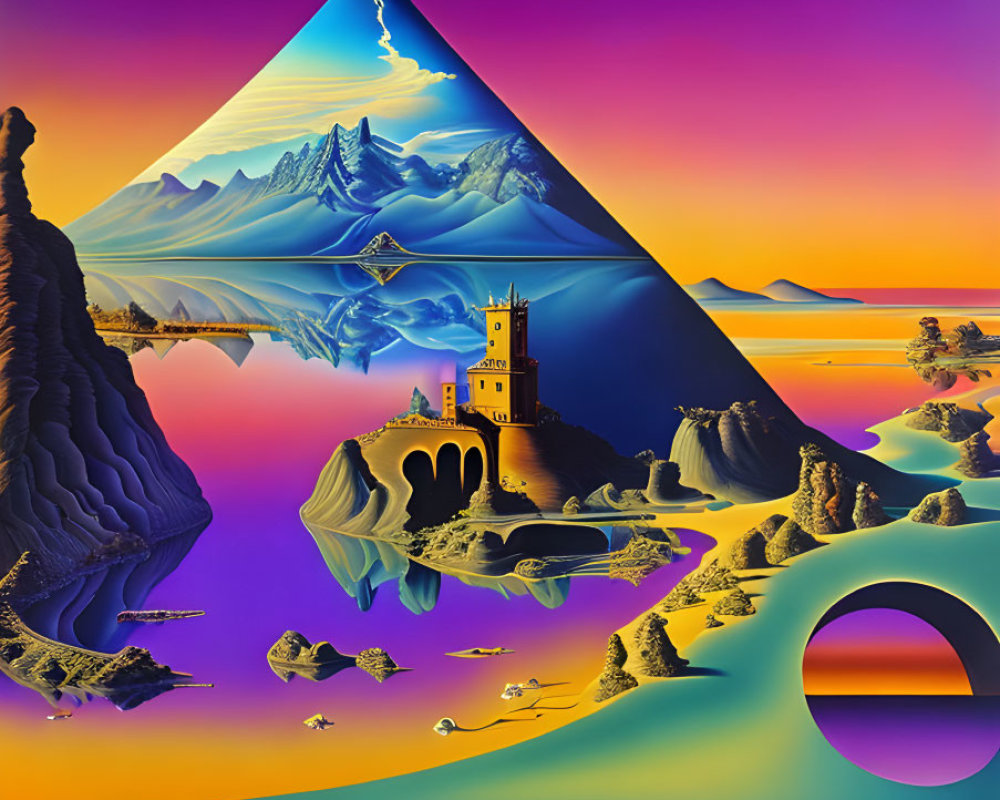 Surreal Landscape with Pyramid Mountain and Eclipse