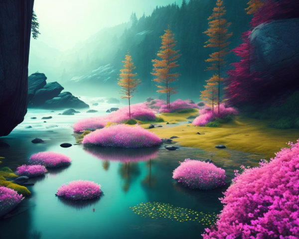 Tranquil river with pink flora and autumn trees in misty forest landscape