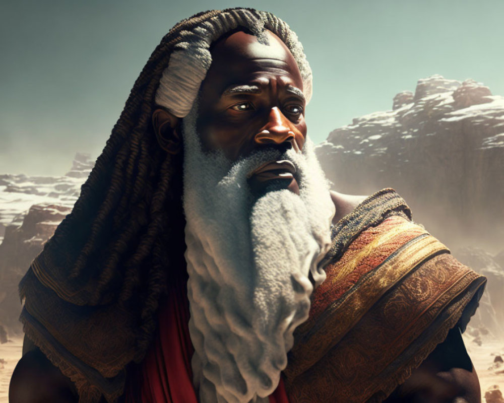 Elder man with white beard in red garment against desert backdrop