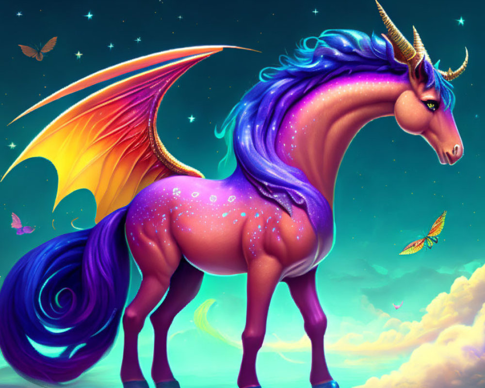 Fantasy creature with unicorn horn and dragon wings in galaxy-themed coat under night sky