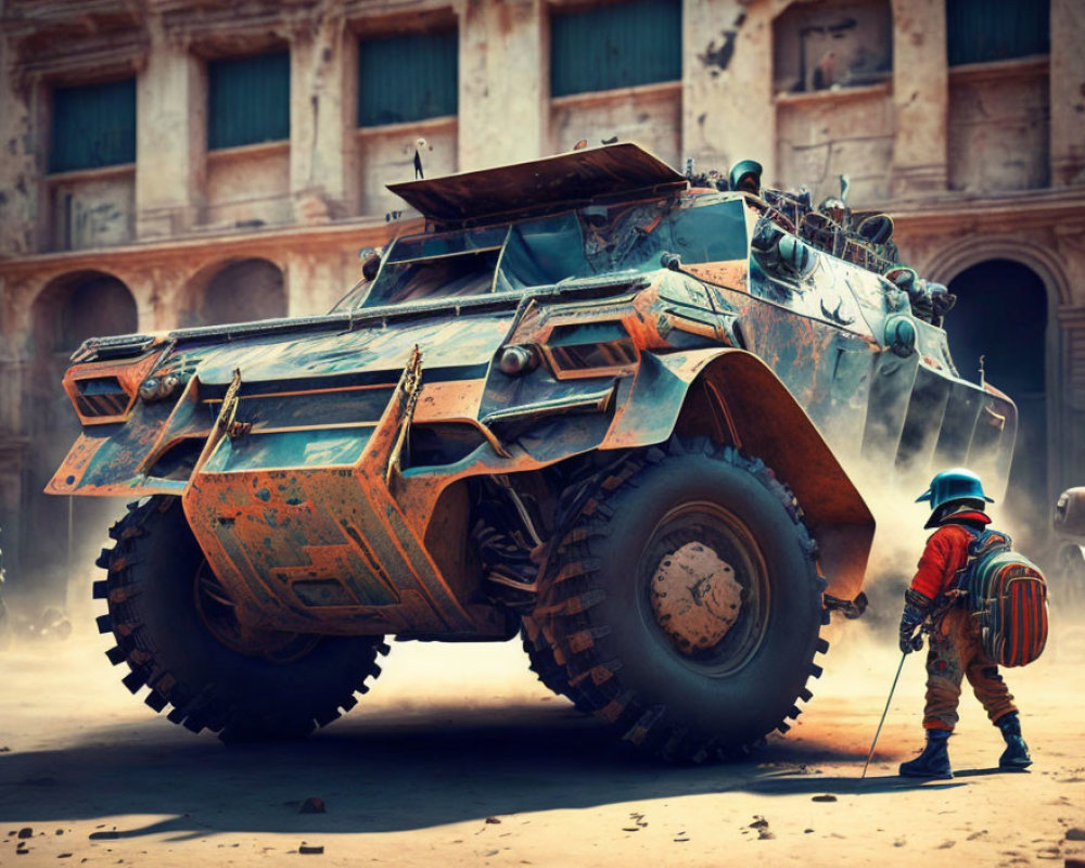 Spacesuit-clad person approaching rusty armored vehicle in urban setting
