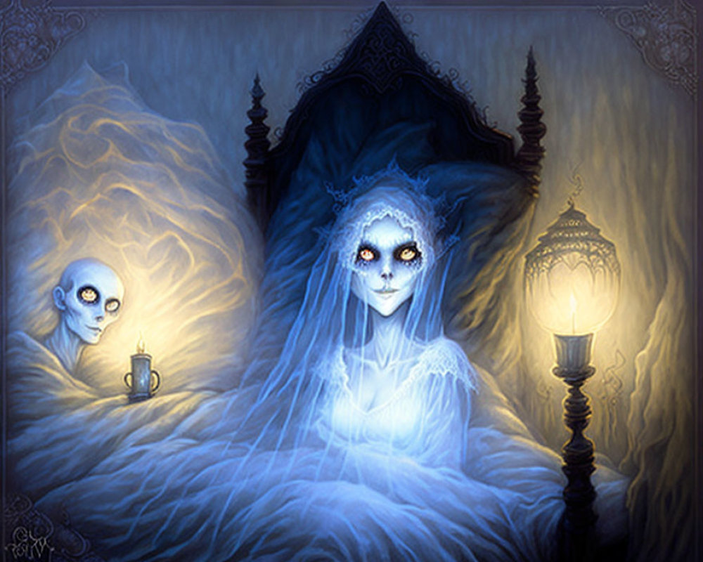 Ghostly Figure and Alien Being in Ethereal Room