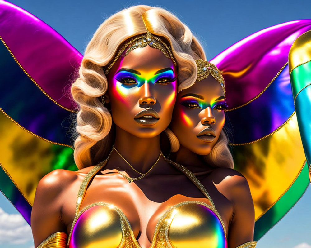 Two Women with Vibrant Butterfly Wings and Golden Attire in Ethereal Setting