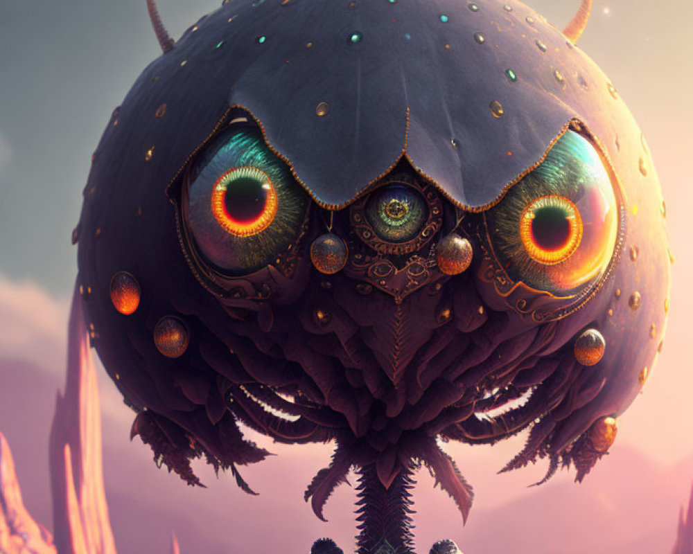 Intricate gold patterns on spherical-headed creature in alien landscape