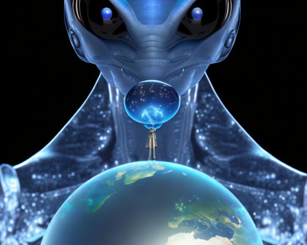 Slender alien holding glowing orb with human figure above Earth