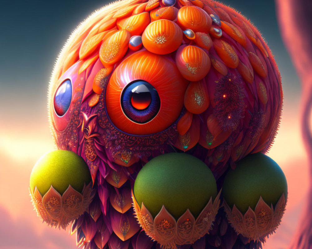 Round orange feathered creature with big eyes and green feet in dreamy setting