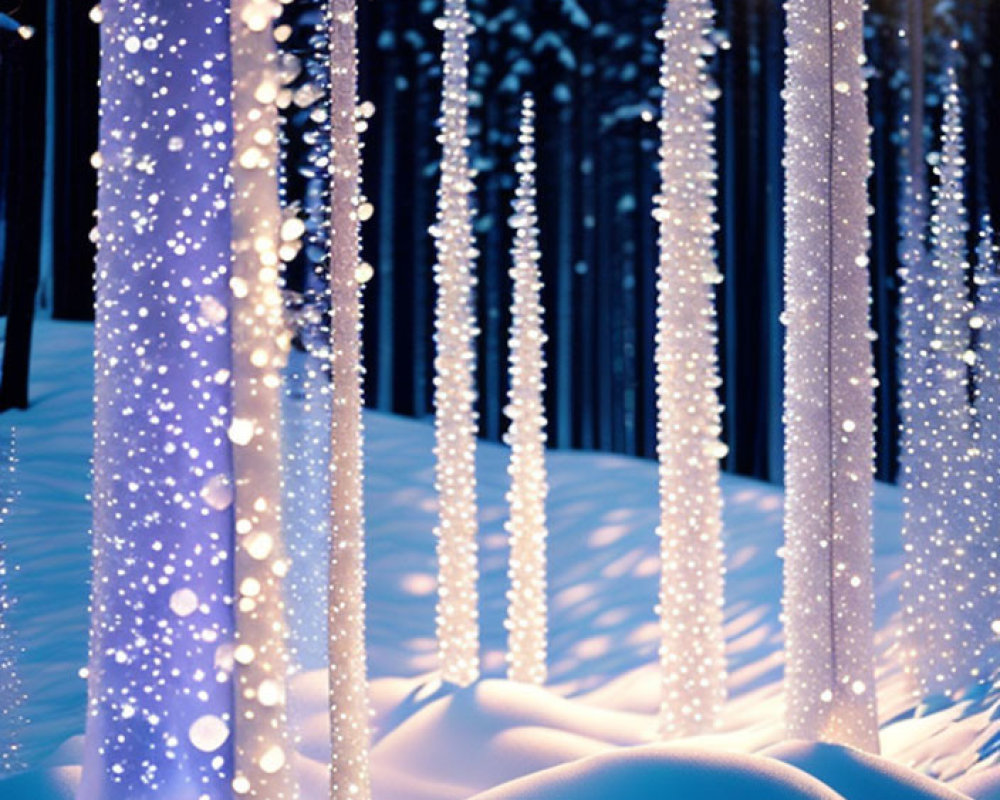 Snow-covered forest with tall trees and string lights at dusk