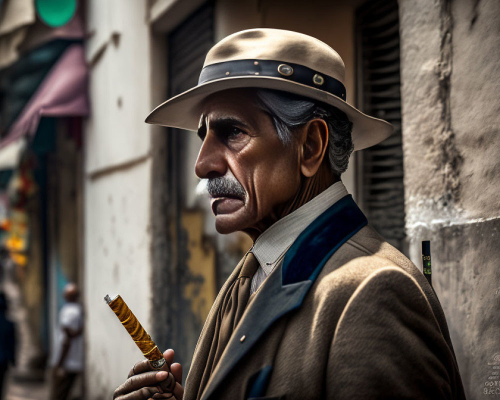 Elderly man in fedora and suit with cigar on city street