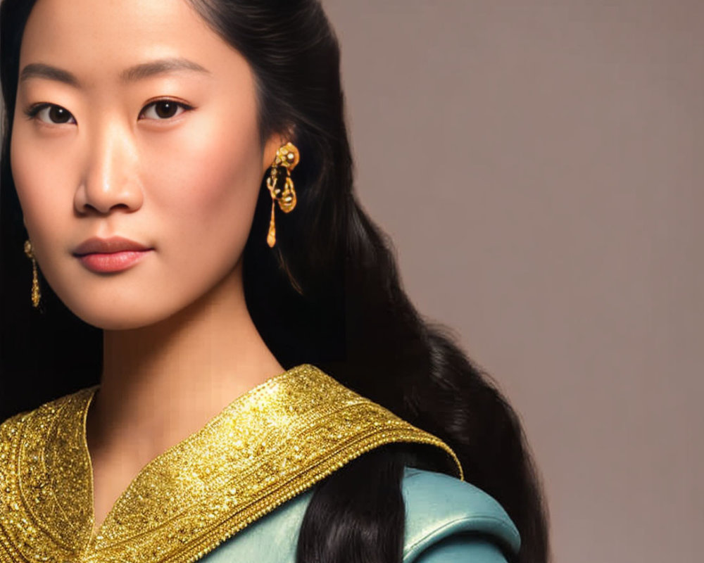 Traditional attire woman with gold crown and earrings on gradient background