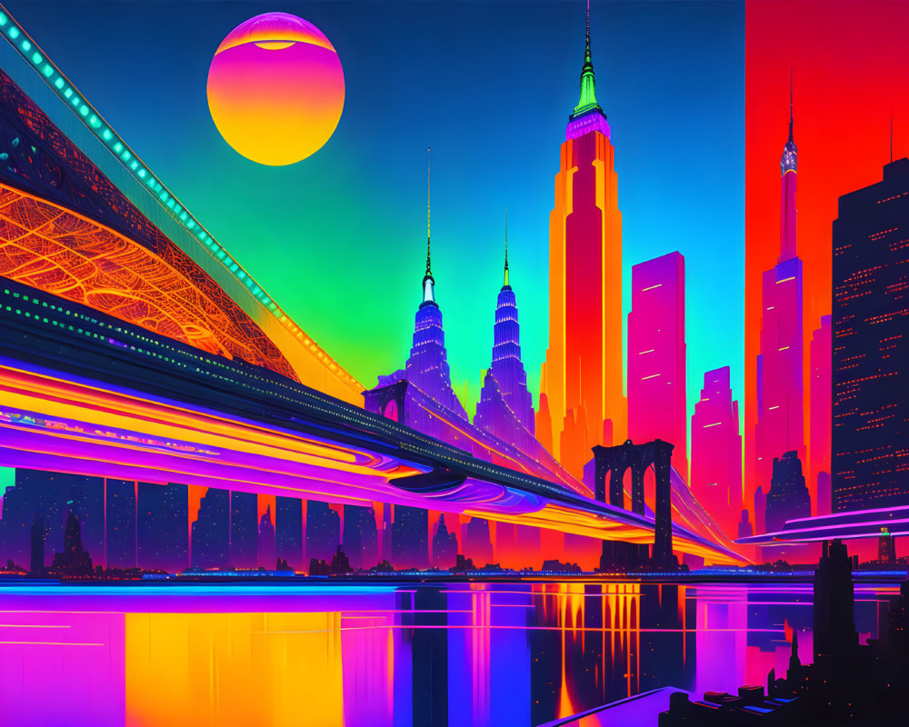 Vibrant neon futuristic cityscape with skyscrapers, bridge, and dual moons at sunset
