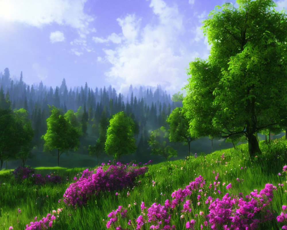 Vibrant purple flowers and misty mountains in lush green landscape