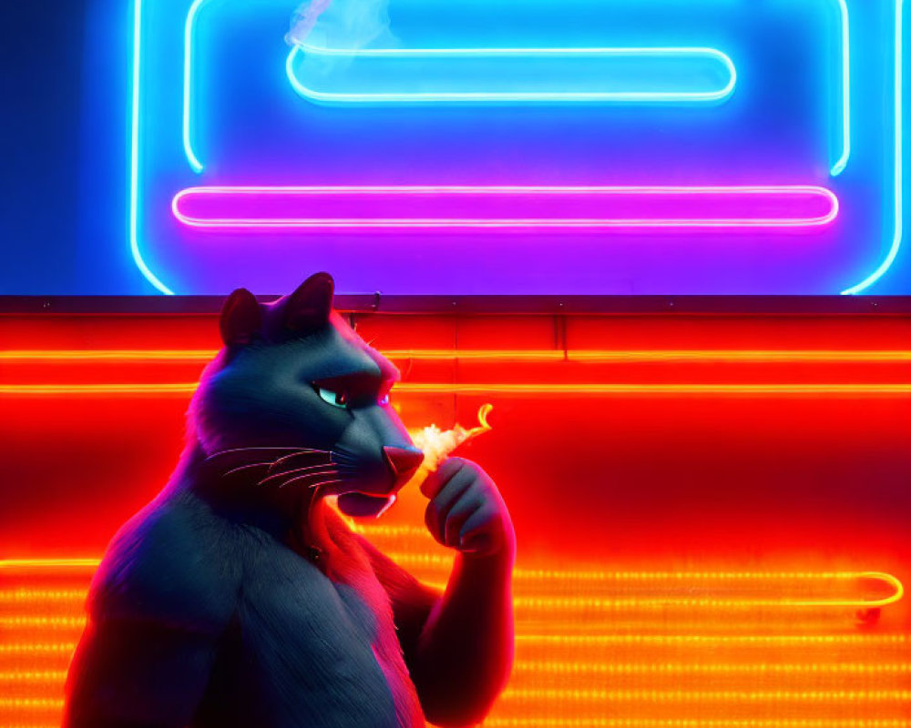 Anthropomorphic cat character in neon-lit artwork with vibrant blue and red lights.