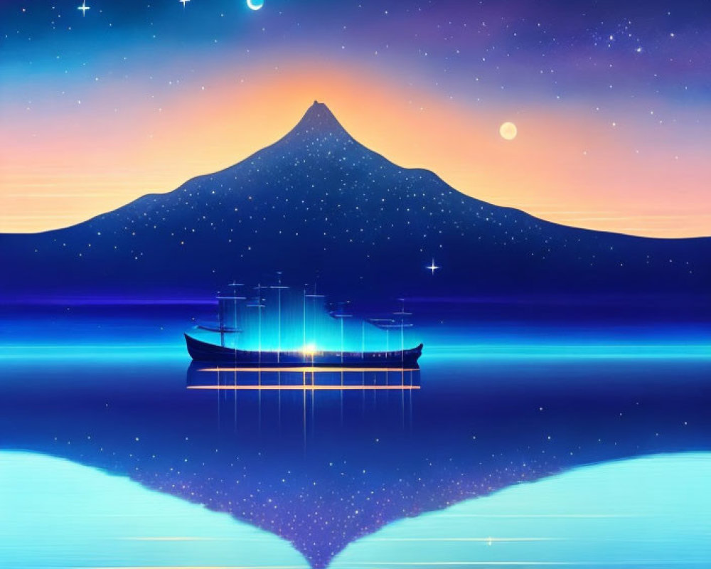 Tranquil boat illustration on calm lake under starry sky