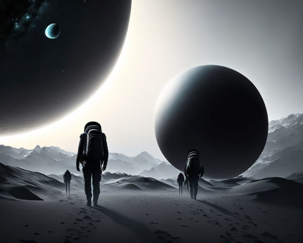 Three astronauts explore barren alien landscape under large planets.