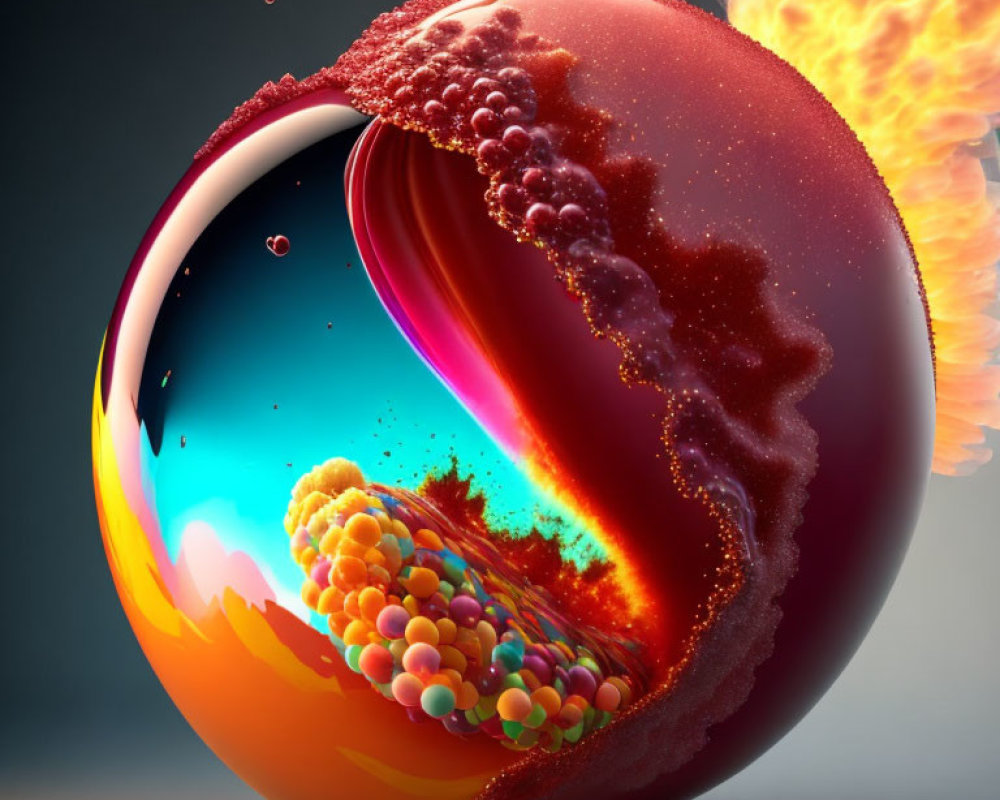 Colorful spherical digital artwork with fiery explosion and psychedelic landscape