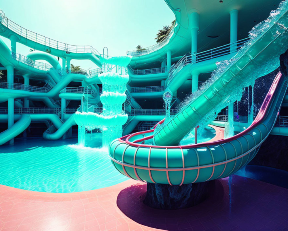 Futuristic aquatic park with vibrant waterslide and pool under clear blue sky