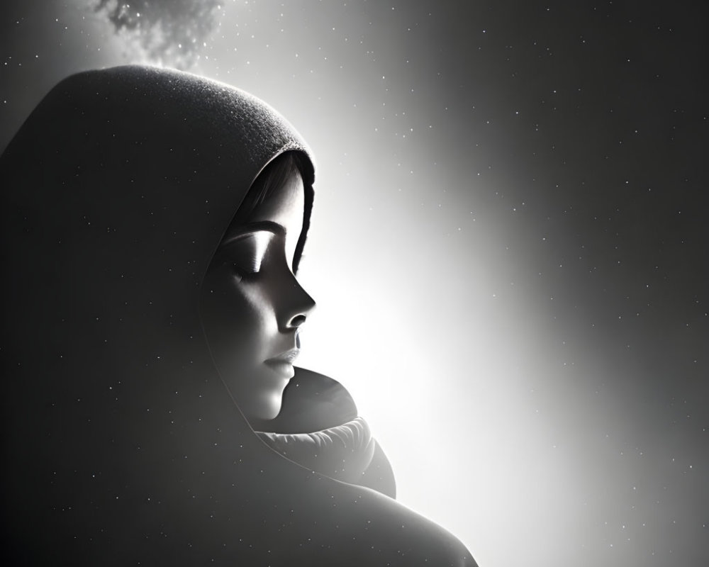 Monochrome image of person in hooded cloak under starry sky