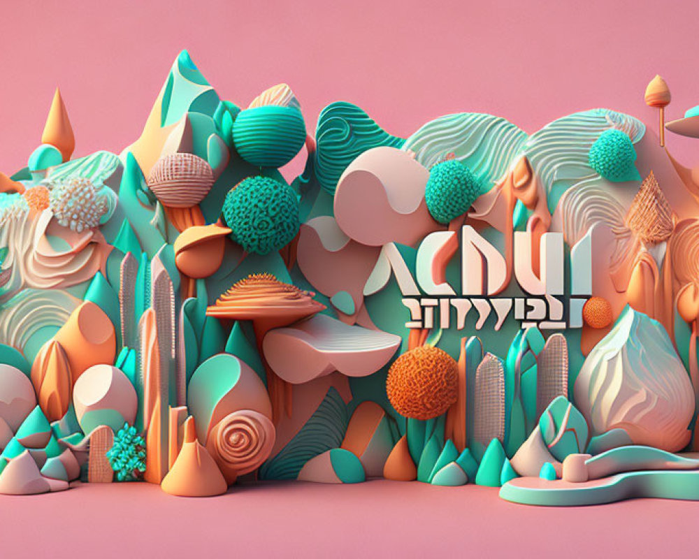 Colorful 3D landscape with whimsical shapes and textures in pink, orange, and teal