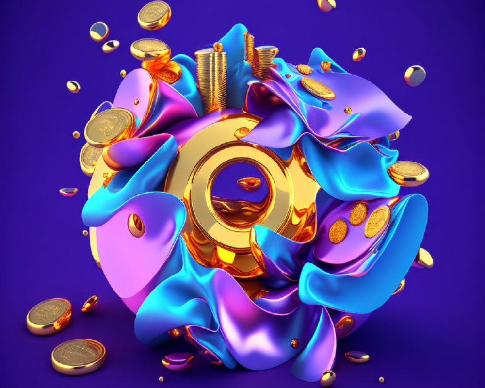 Golden coin with colorful liquid splash on purple background