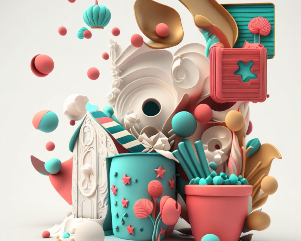 Colorful 3D art: Candy, lollipops, ice cream sculpture on light background