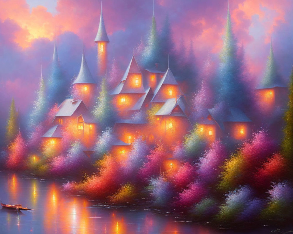 Colorful painting of magical village by river at dusk