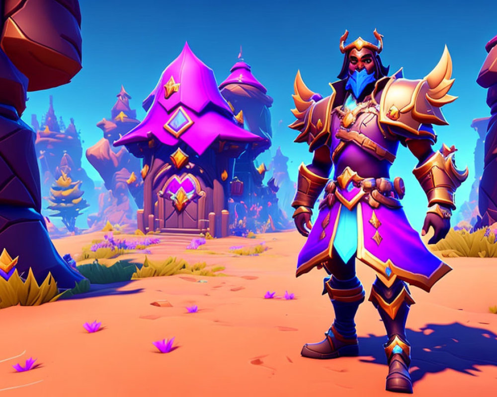 Stylized animated knight in blue and gold armor with whimsical purple fantasy buildings