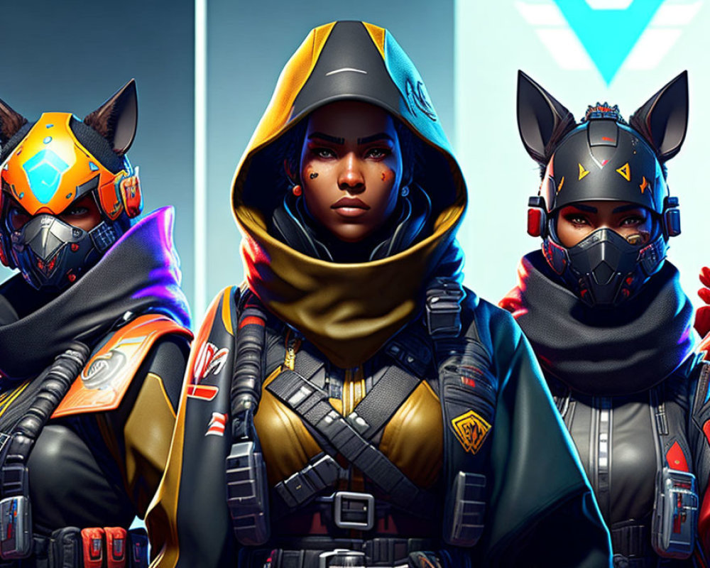 Three characters in futuristic animal masks and high-tech armor on blue backdrop