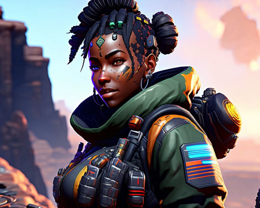 Futuristic female character with unique hair buns and tattoos