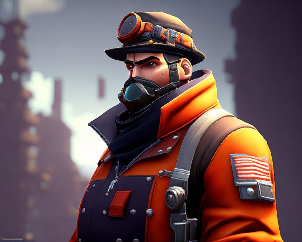 Stern animated character in orange trench coat and mask with cityscape background