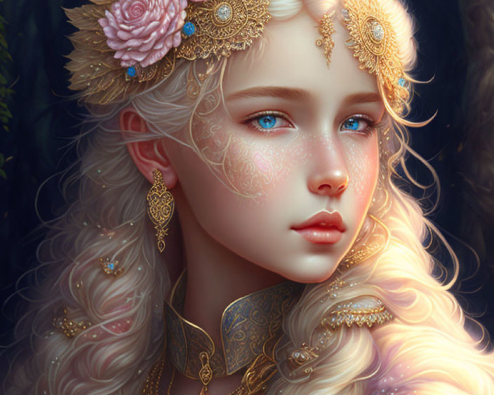 Close-up of a fantasy queen with platinum hair and crown