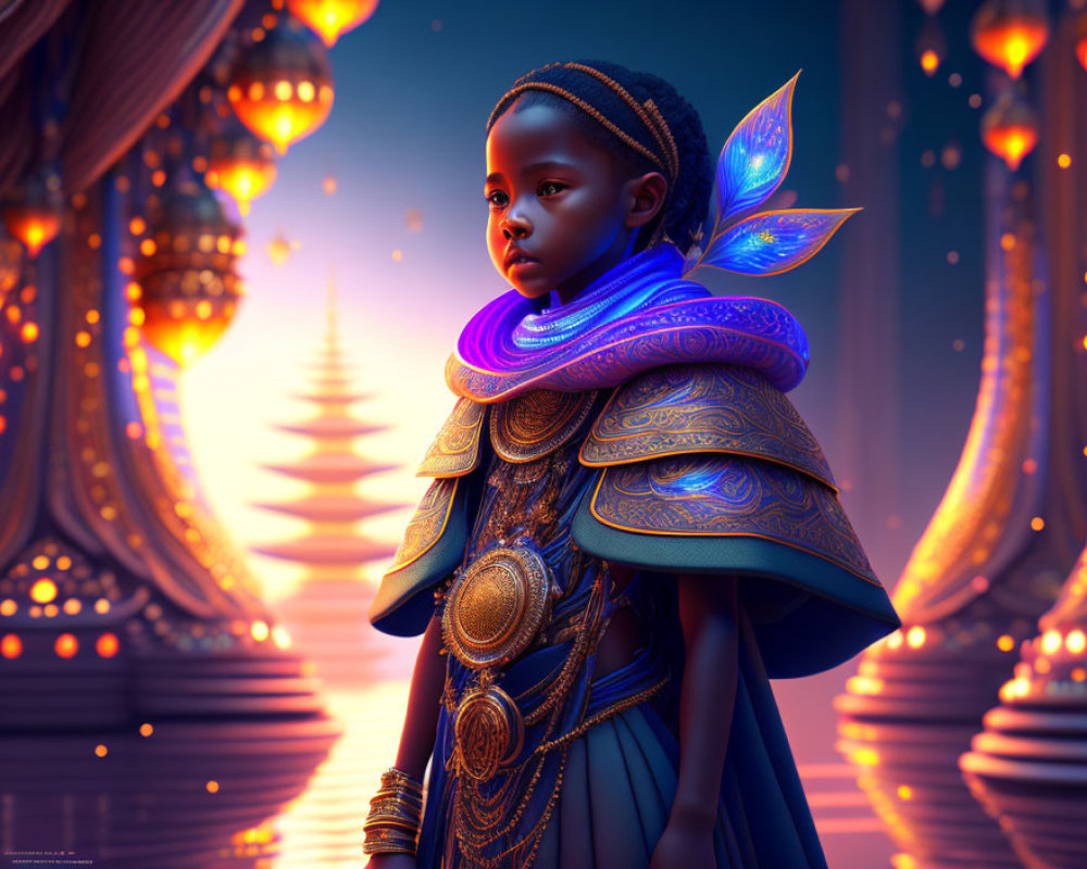 Young child in ornate blue and gold regal attire in luminous corridor with glowing lanterns