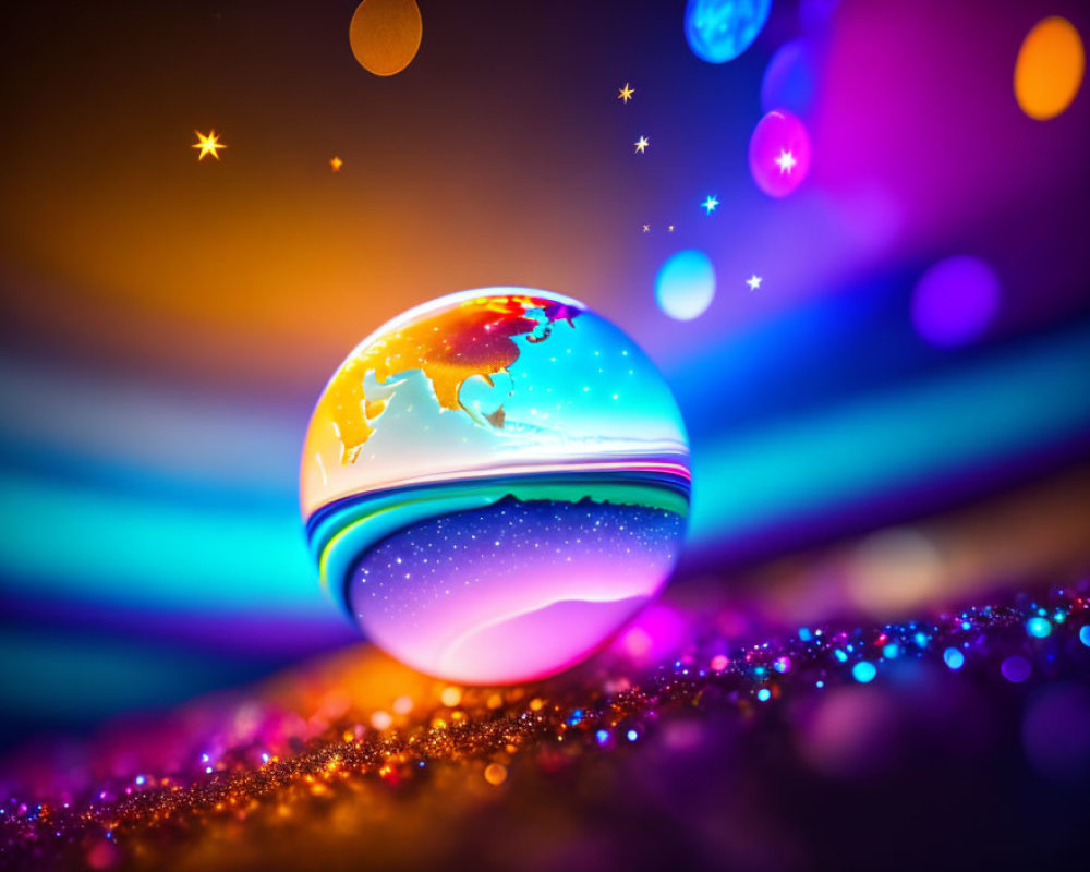 Crystal ball on glittering surface reflects surreal colorful landscape