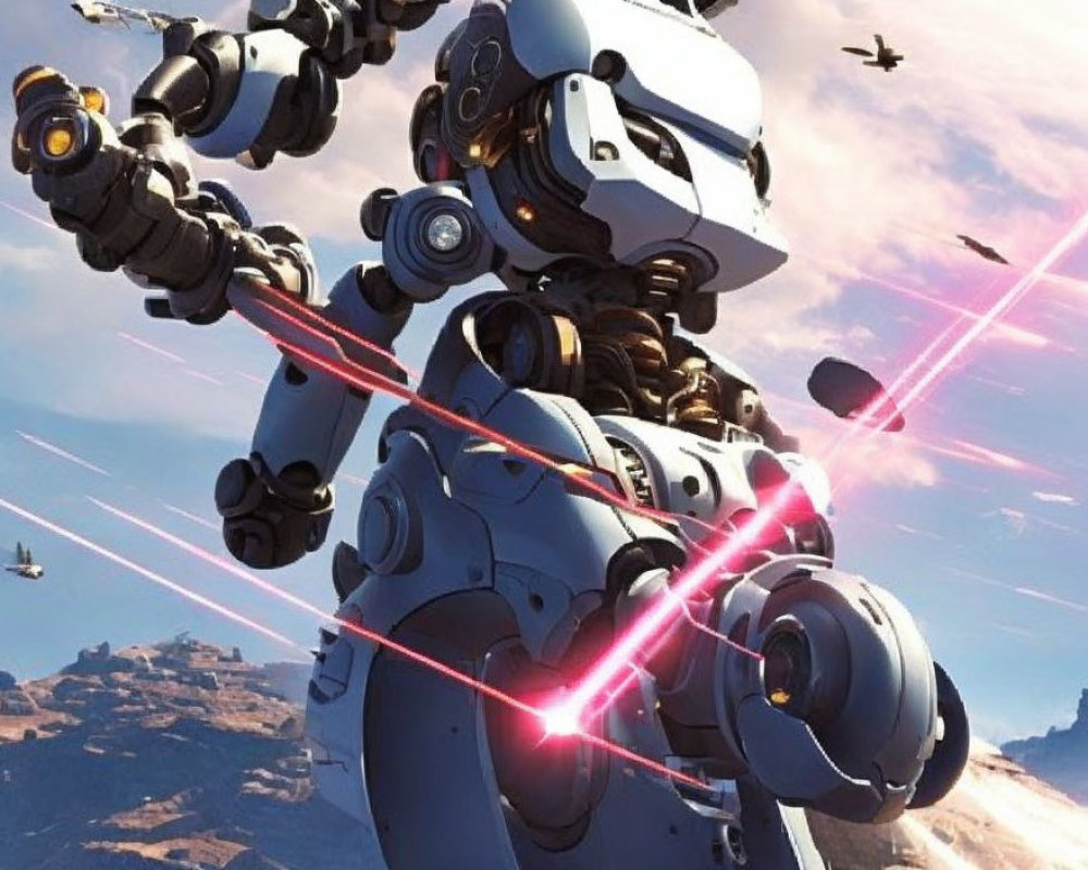 Futuristic Robot with Laser Beams Against Vibrant Sky