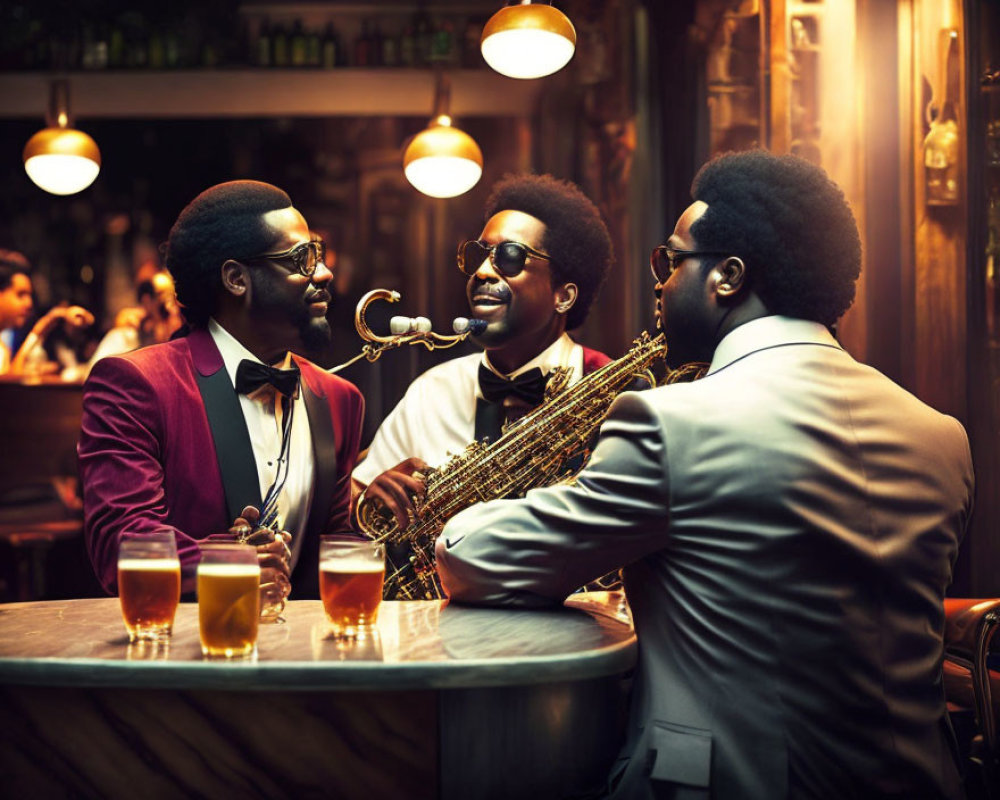 Men in vintage suits chatting in a bar with a saxophone and beer glasses.