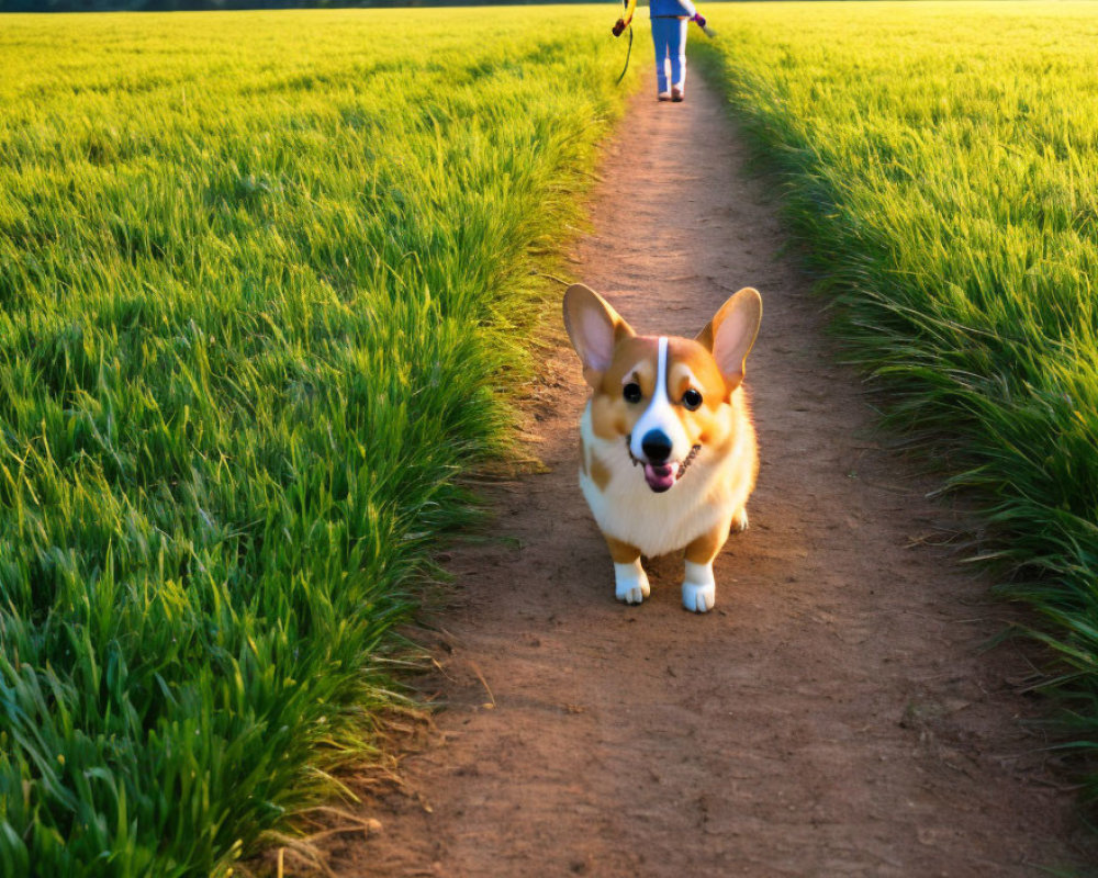 Playful corgi running in green field at sunset