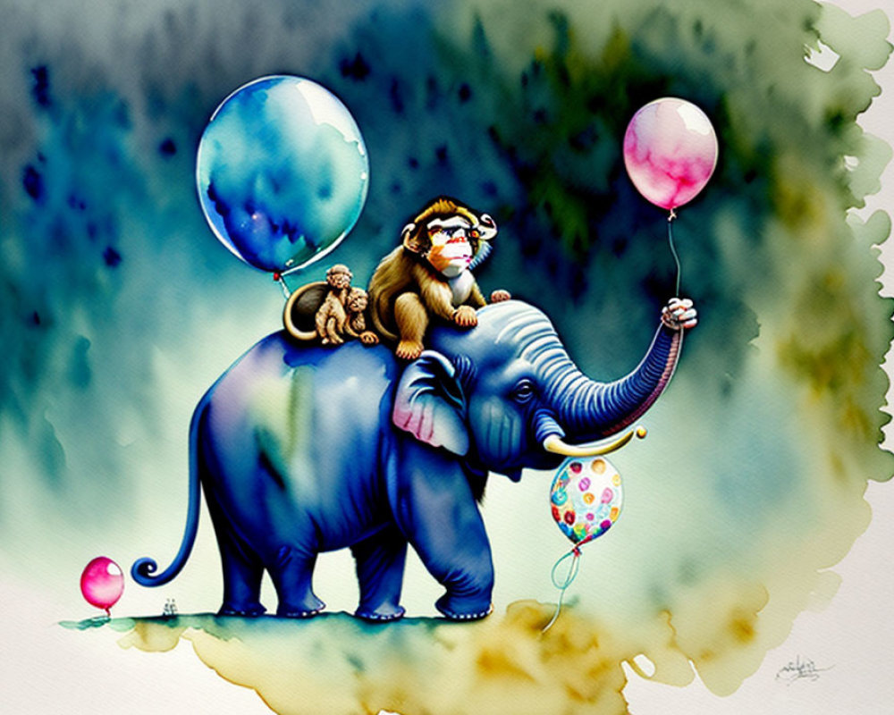 Smiling elephant and monkey with balloons on watercolor backdrop