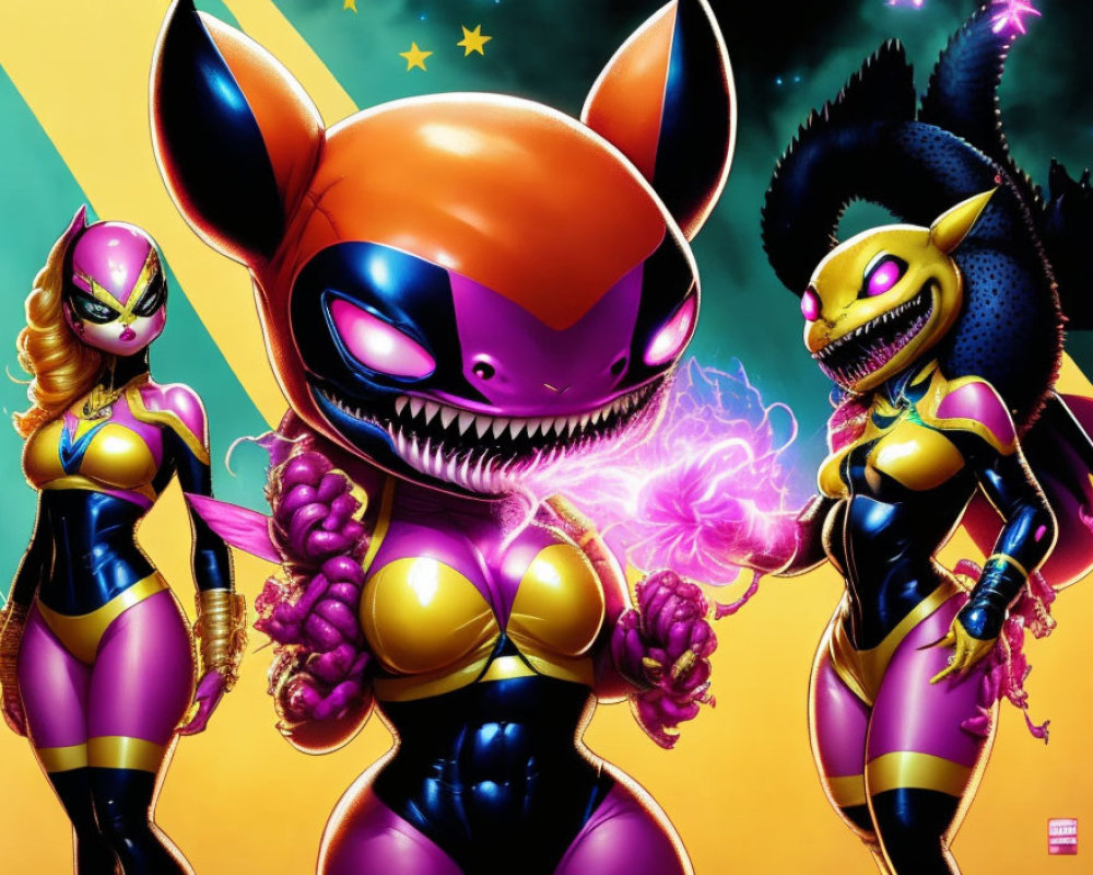 Colorful anthropomorphic characters in vibrant costumes and animal-like features.