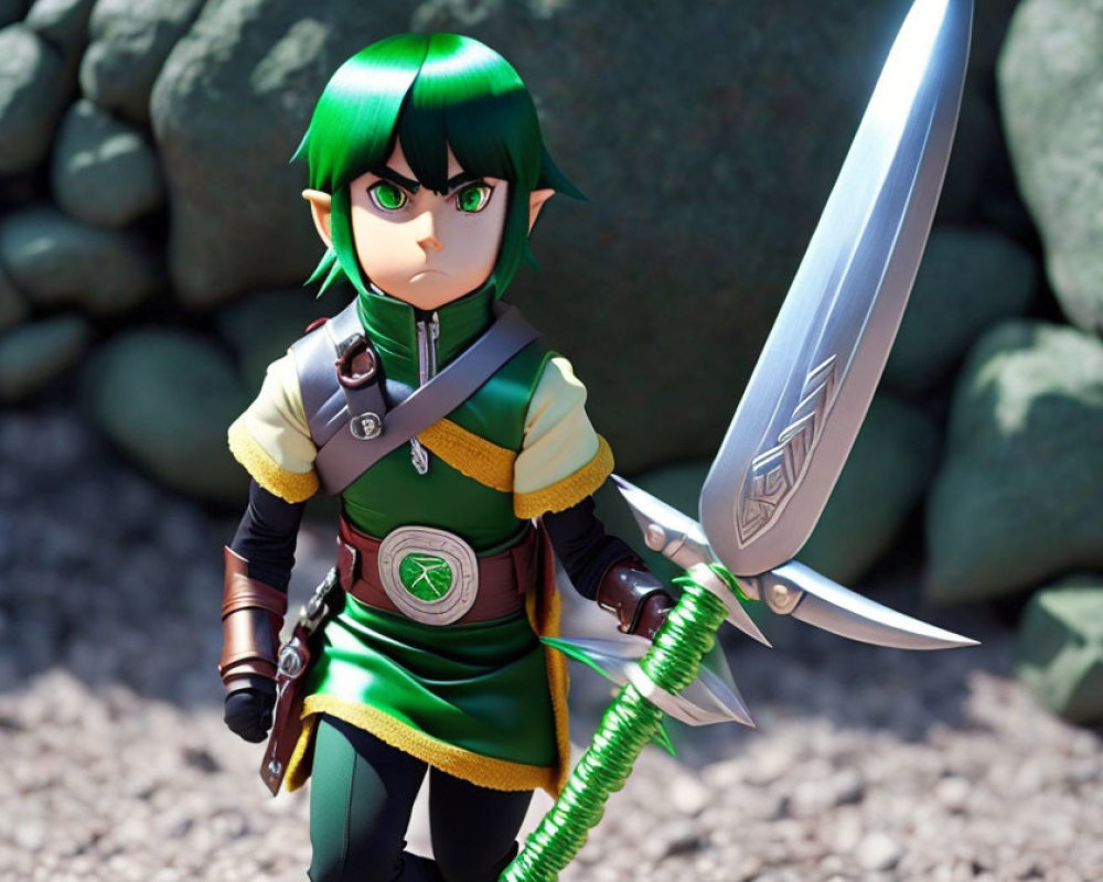 Animated character with green hair holding a sword in fantasy armor against rocky backdrop