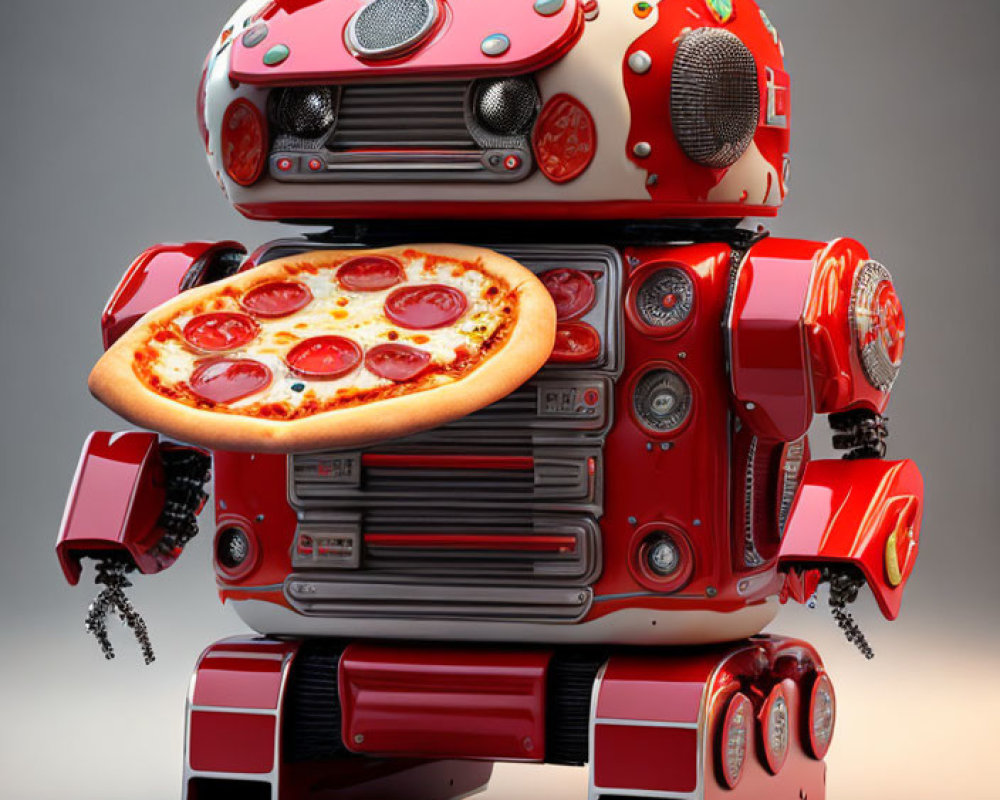 Whimsical robot with red VW Beetle head, pizza compartment, boombox torso, tape decks,