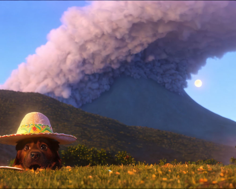 Colorful sombrero-wearing dog with erupting volcano in twilight scenery