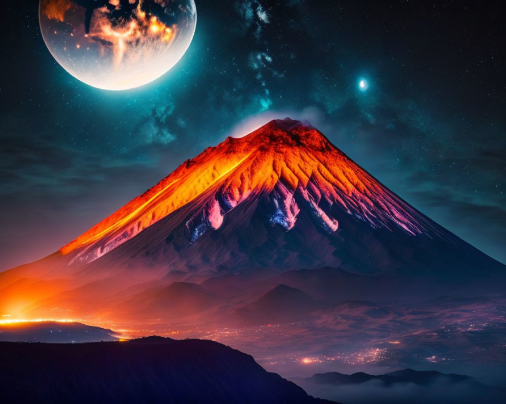 Volcano eruption under starry sky with glowing moon and flowing lava