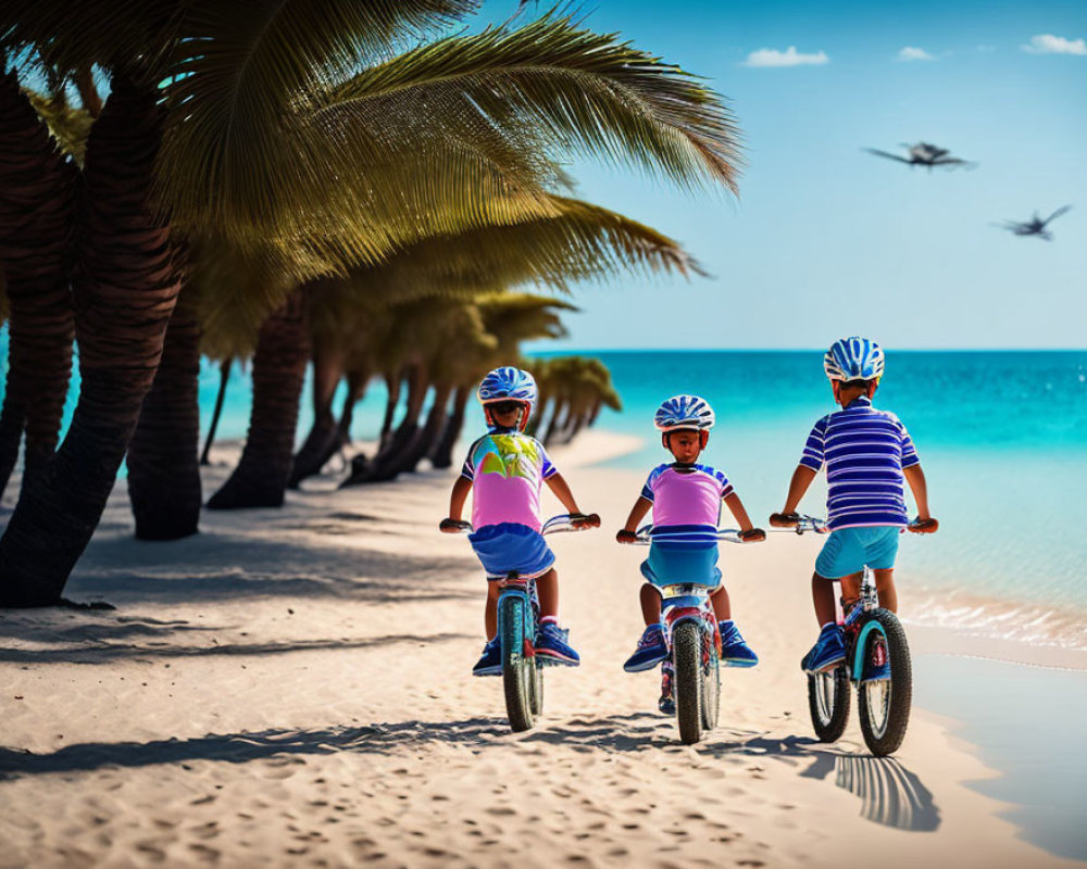 Children biking on sandy beach path with palm trees and blue sky.