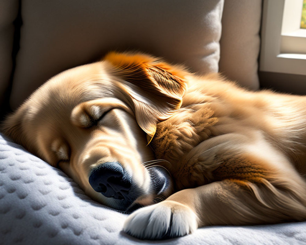 Golden Retriever Sleeping Peacefully on Blue Pillow in Sunlight