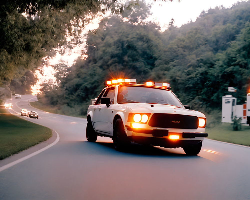 White SUV with Rooftop Lights Driving on Curved Road at Dusk