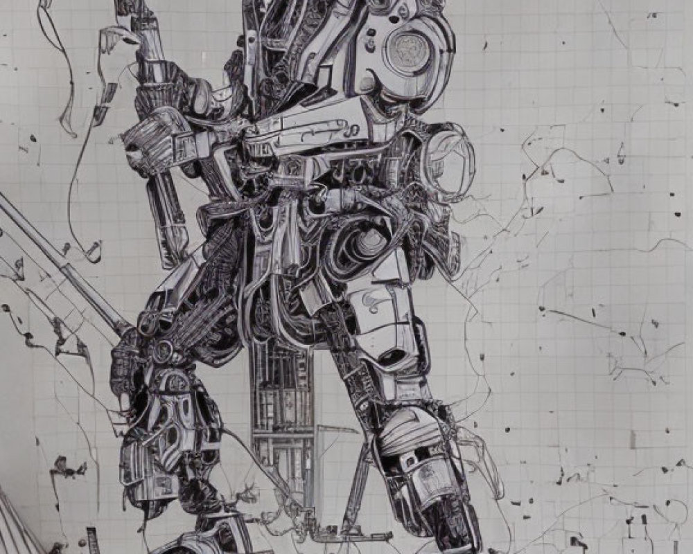 Detailed humanoid robot sketch with intricate mechanical features on light splatter background