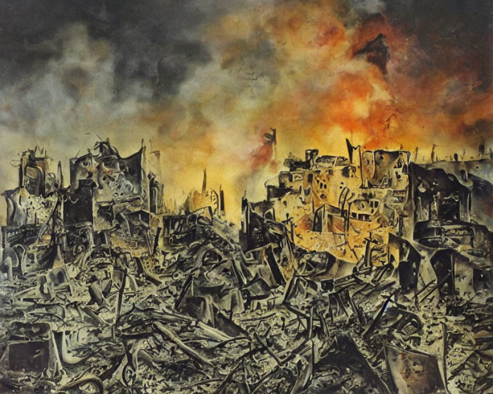 Dystopian cityscape with ruins, debris, and fiery sky