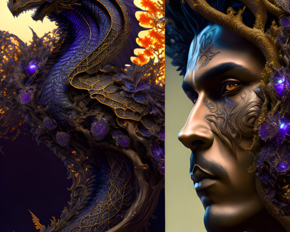 Majestic dragon and person with dragon-inspired tattoos and ornate antlers